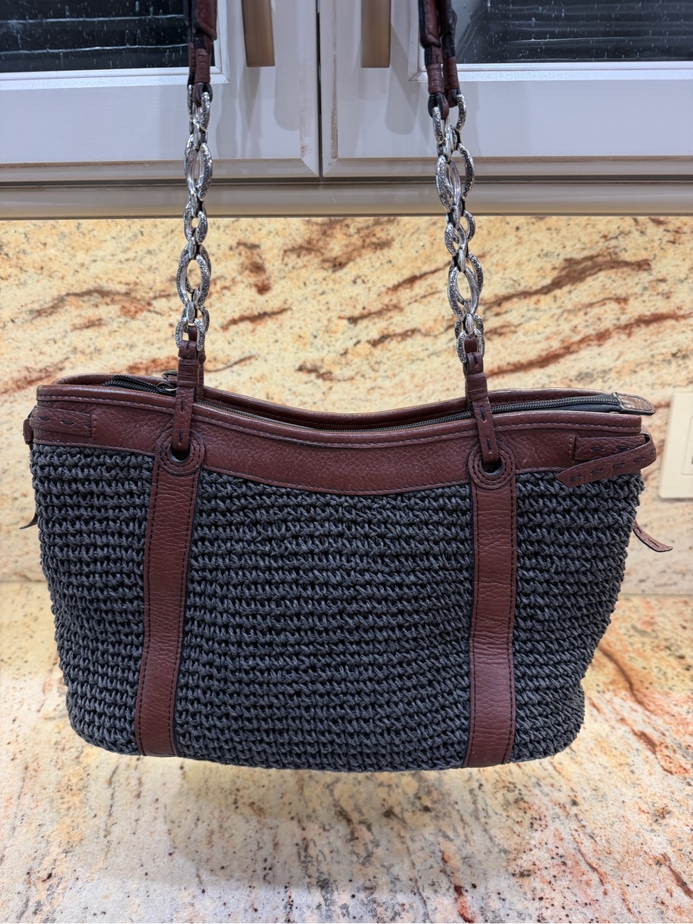 Brighton Woven Shoulder Bag in Black & Brown